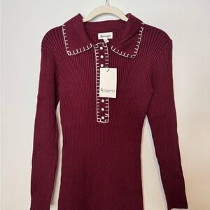 &merci Burgundy Ribbed Midi Dress with Contrast Stitch Collar